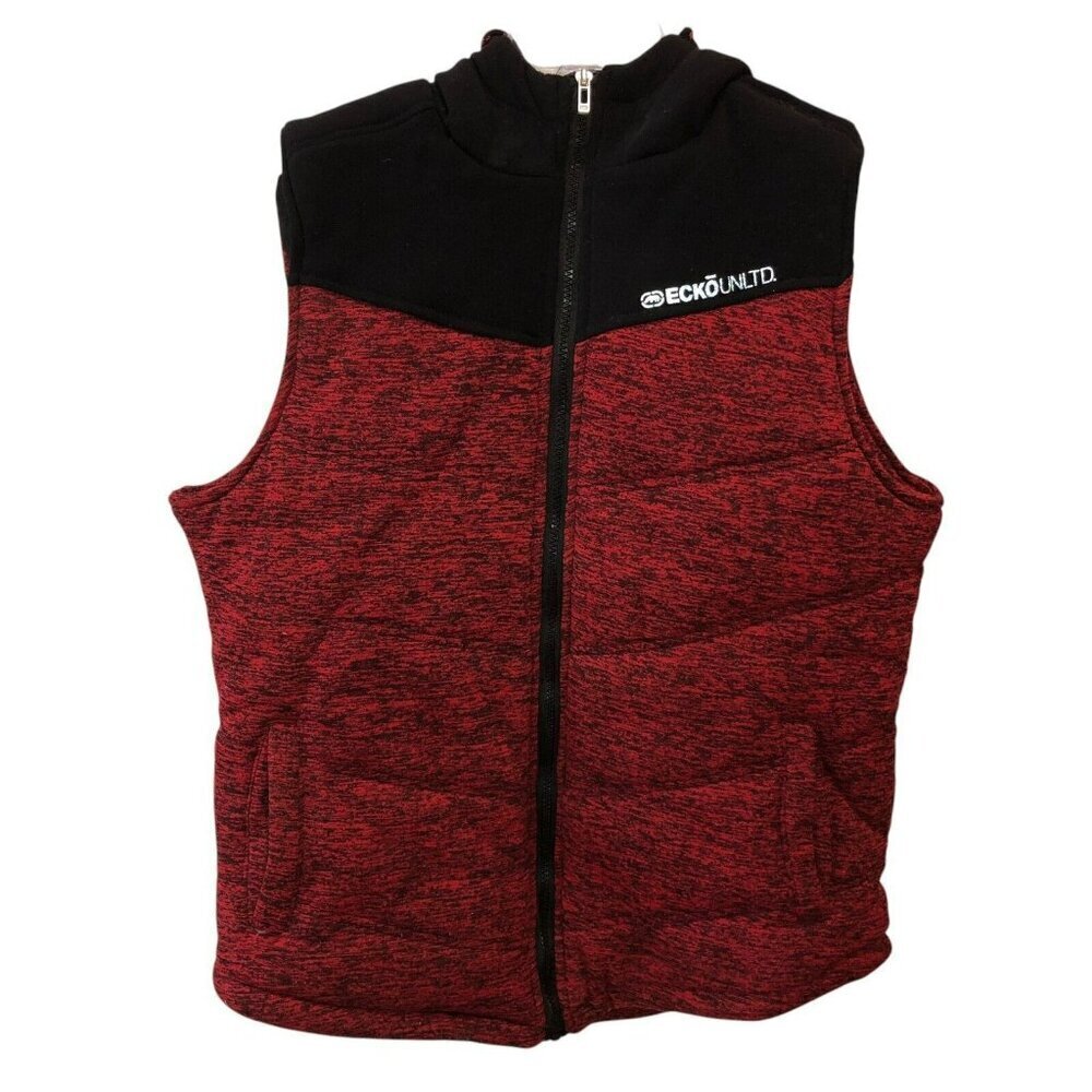Ecko Unltd Mens Medium Red Black Heather Full Zip Hooded Hood Puffer Vest Size M